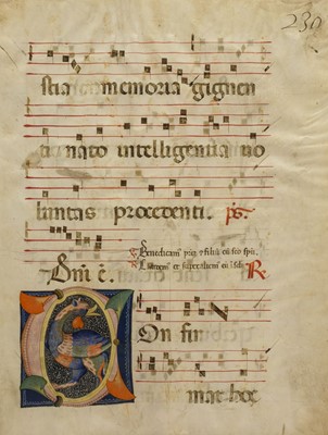 Lot 276 - Continental illuminations. Antiphonary leaf with figurative initial 'C', Italy, 15th century
