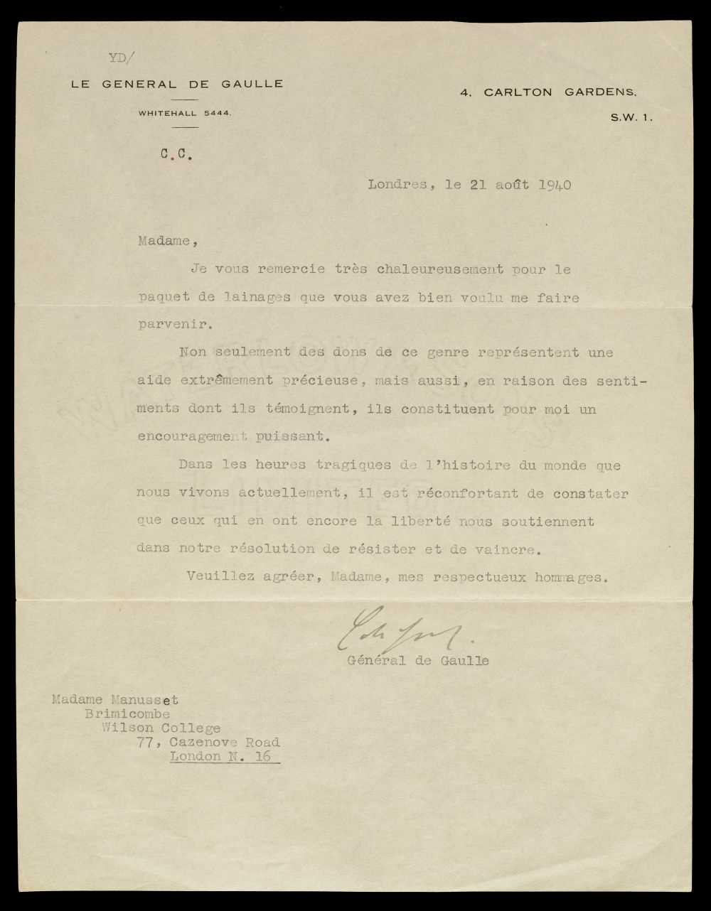 Lot 463 - De Gaulle (Charles, 1880-1970) Typed letter