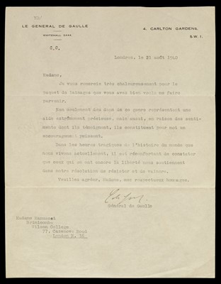 Lot 463 - De Gaulle (Charles, 1880-1970) Typed letter signed 'C De Gaulle', 1940