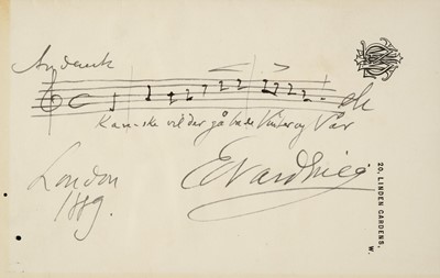 Lot 467 - Grieg (Edvard, 1843-1907). Autograph musical quotation signed, 1889