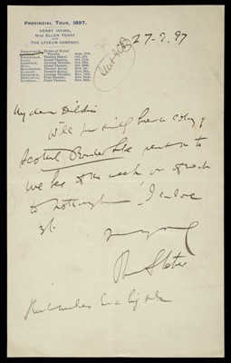 Lot 606 - Stoker (Bram, 1847-1912). Autographed letter signed on writing paper of Henry Irving's 1897 tour
