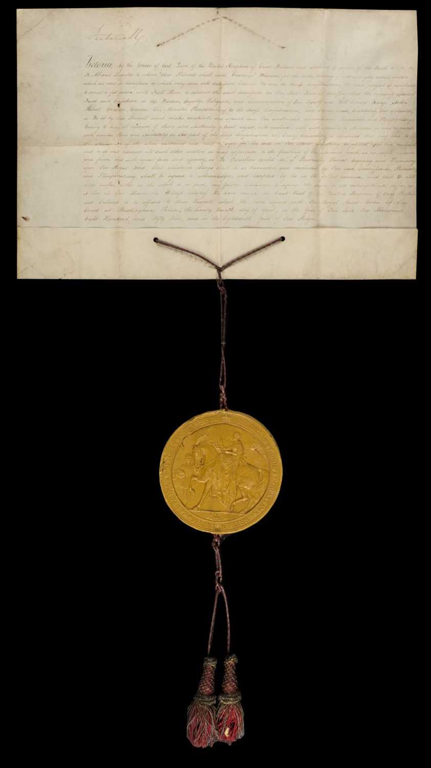 Lot 479 - Victoria - Letters Patent. Document signed, 'Victoria RI', Buckingham Palace, 27 April 1855