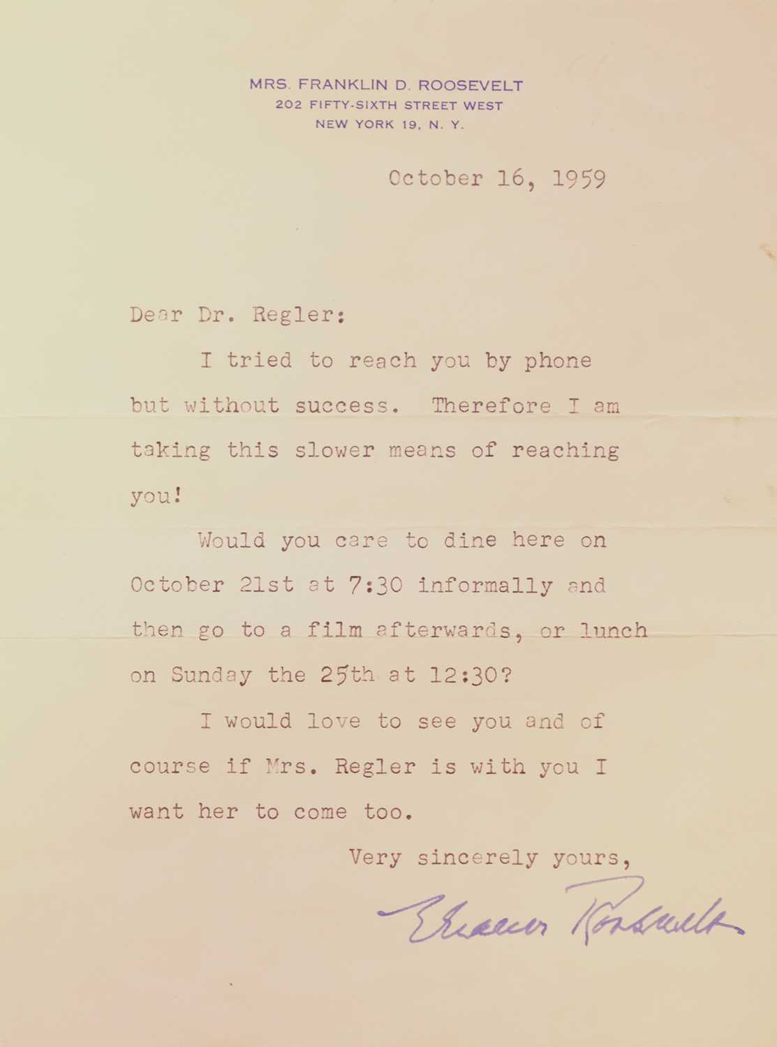 Lot 477 - Roosevelt (Eleanor, 1884-1952, First Lady of the United States 1933-45). Typed letter signed