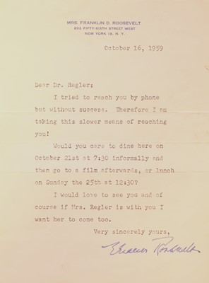 Lot 477 - Roosevelt (Eleanor, 1884-1952, First Lady of the United States 1933-45). Typed letter signed