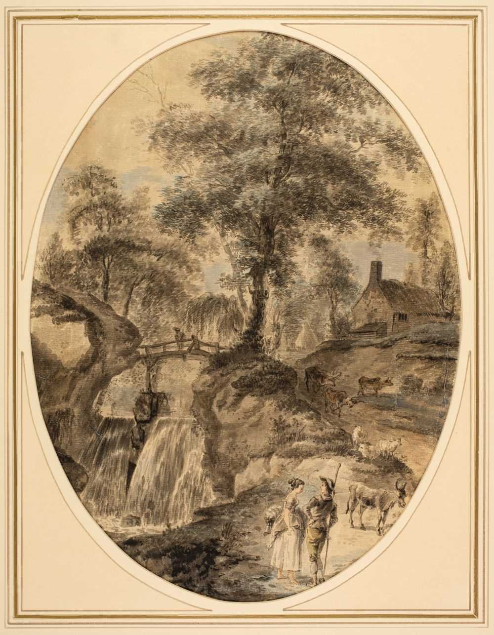 Lot 362 - Grimm (Samuel Hieronymus, 1733-1794, style of). Courting couple in a landscape with waterfall