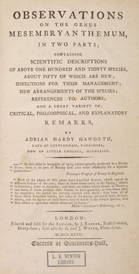 Lot 101 - Haworth (Adrian Hardy). Observations on the Genus Mesembryanthemum, 1st edition, 1794
