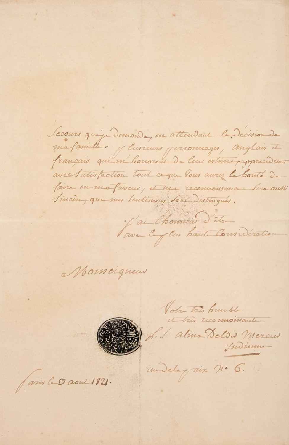 Lot 31 - India. Three letters from foundling Indian princess Alina d'Eldir to Sir Charles Stuart, 1821