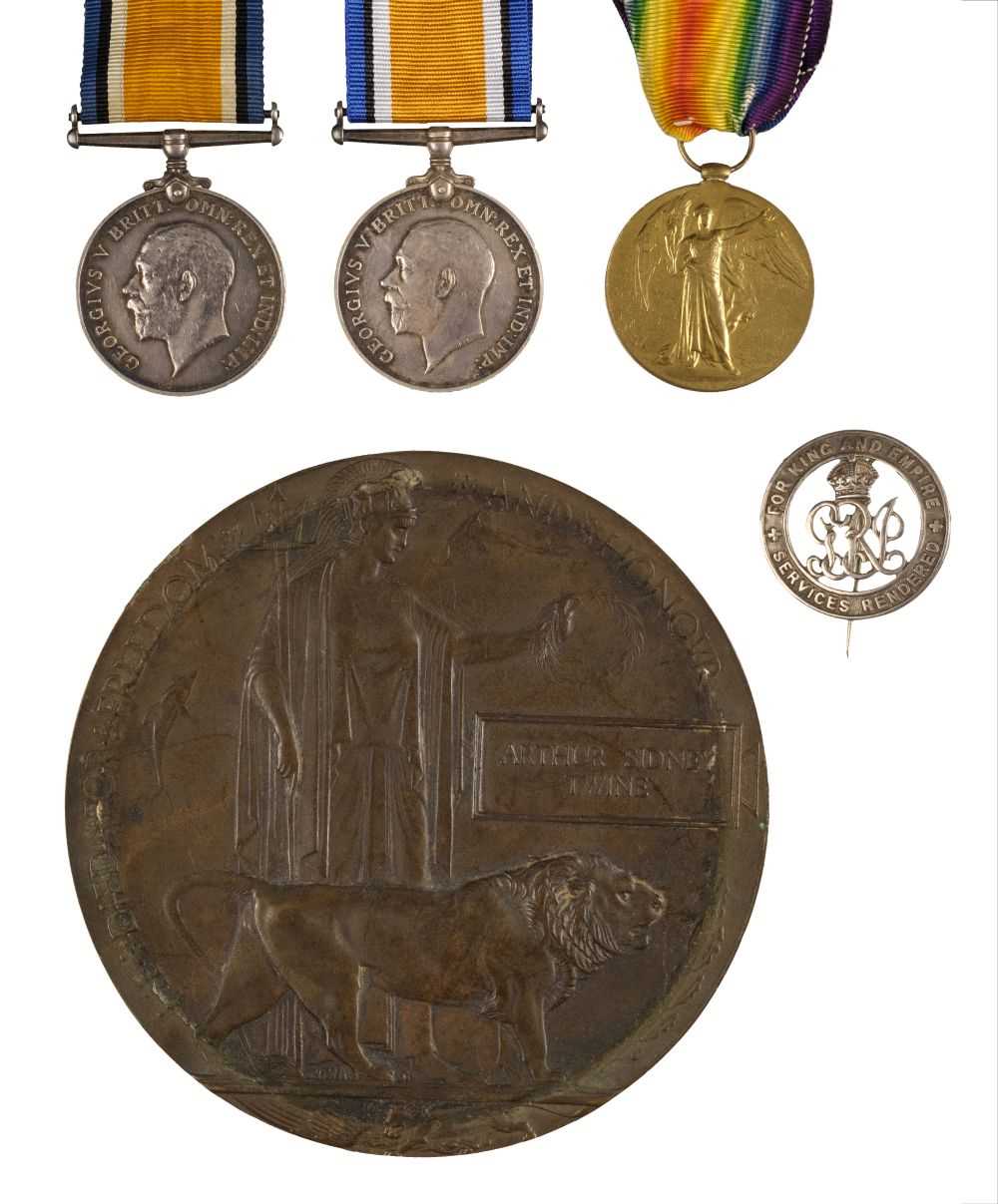 Lot 28 - Wiltshire Regiment. Memorial plaque Pte A.W. Twine plus other medals
