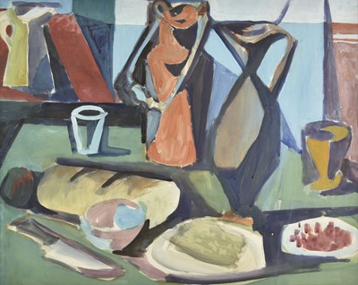 Lot 627 - Hess (Reinhard, 1904-1998). Still Life with jug, glass, loaf of bread, plates of food & knife, 1948