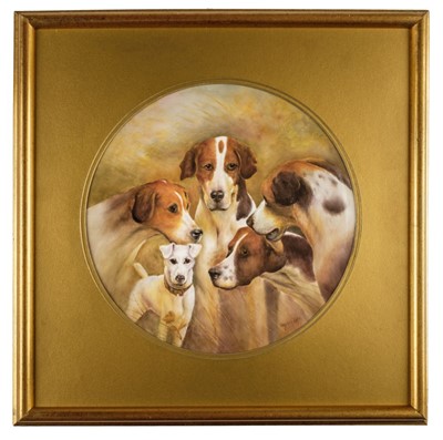Lot 312 - Cox (Bryan). A porcelain plaque handpainted with Fox Hounds