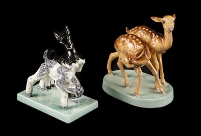 Lot 315 - Royal Worcester. "Kids at Play" 3153 and "Young Spotted Deer" 3316
