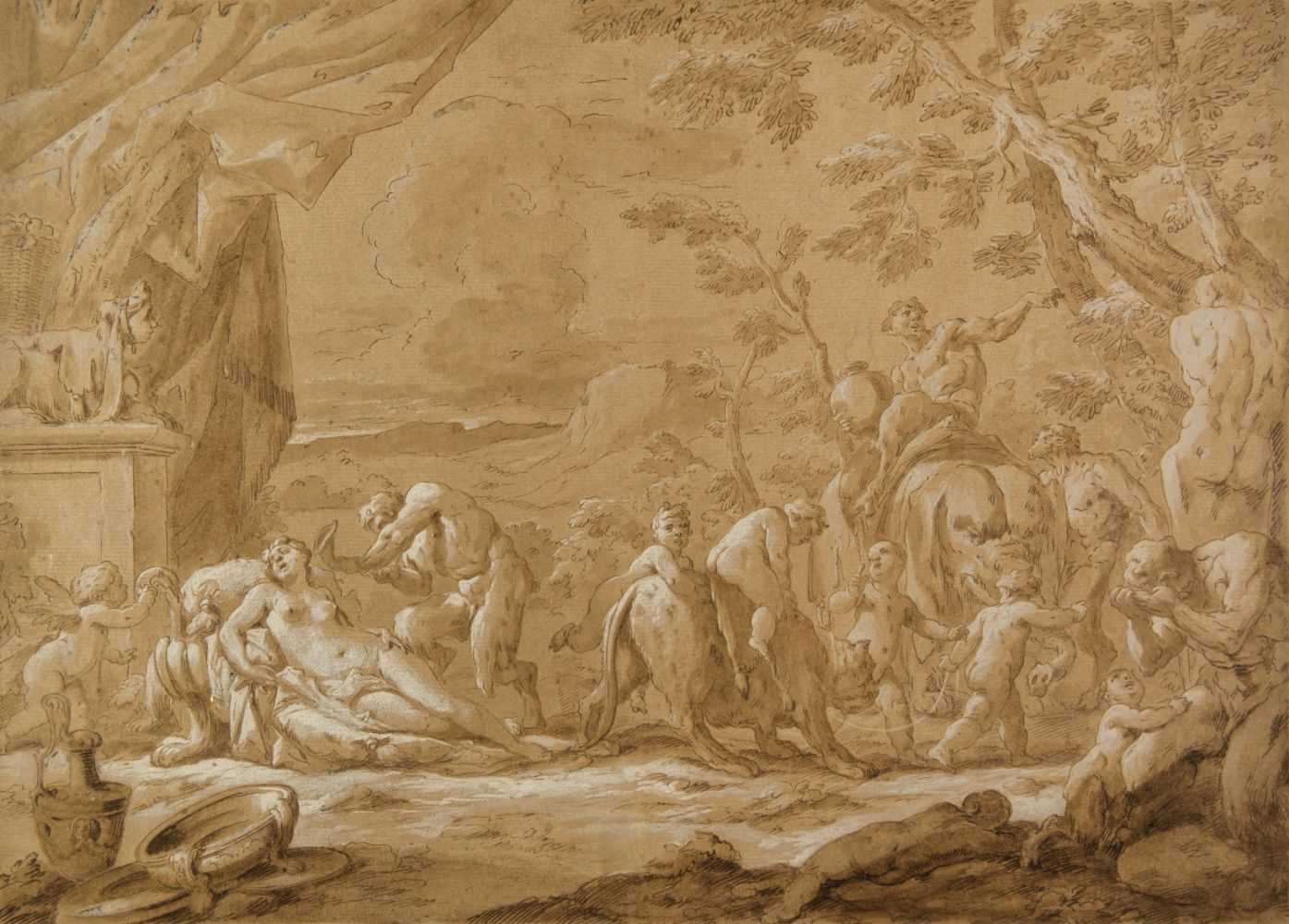 Lot 375 - Venetian School. Bacchanalian scene with sleeping Venus, Cupid and Satyr, early 18th century