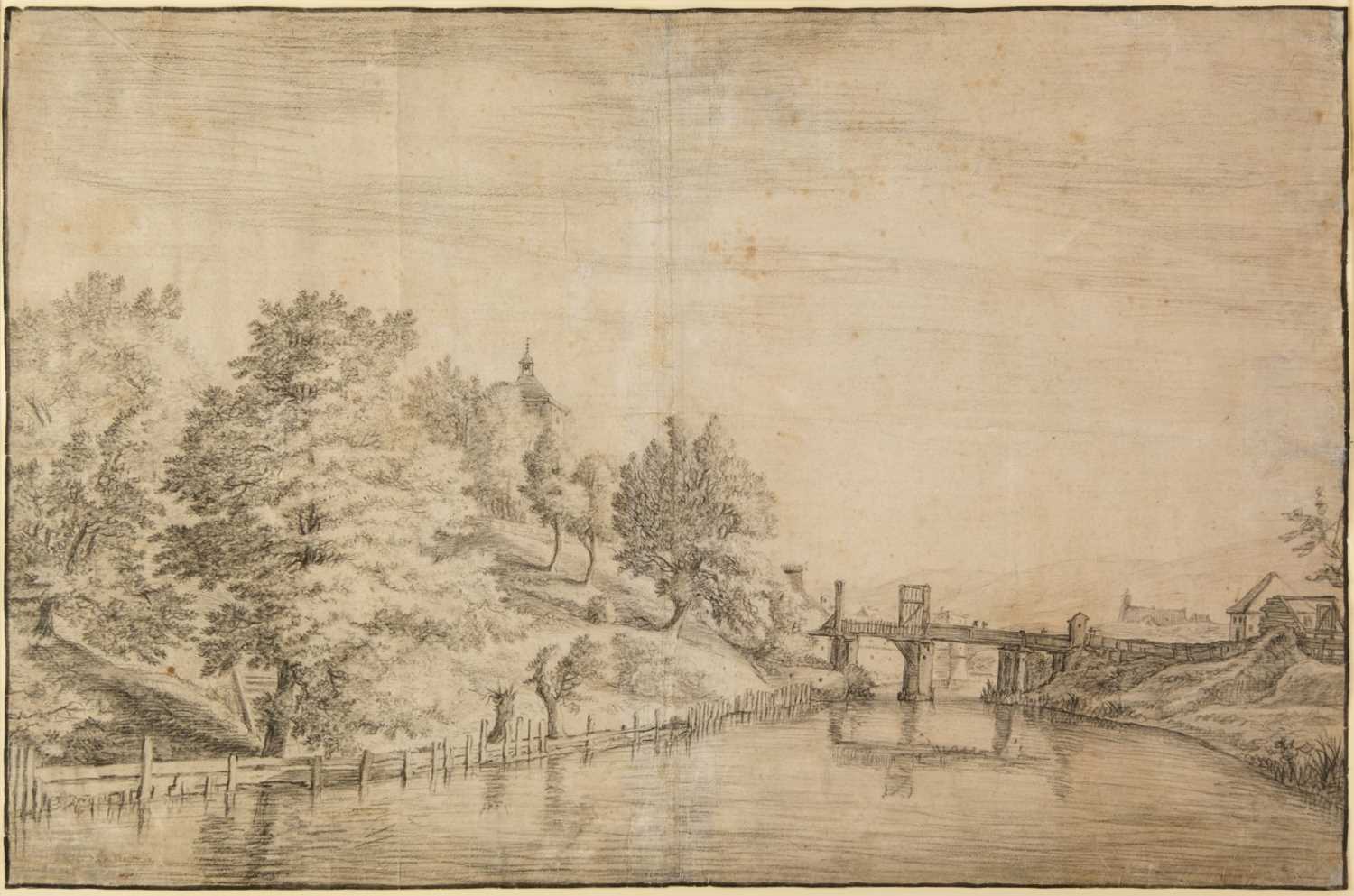 Lot 351 - Bemmel (Willem van, 1630-1708). River landscape with bridge & town beyond