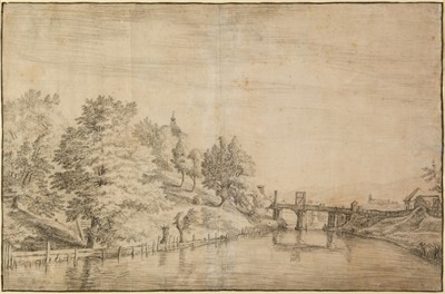 Lot 352 - Bemmel (Willem van, 1630-1708). River landscape with bridge & town beyond