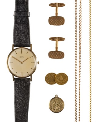 Lot 203 - Mixed gold. A Vertex Revue wristwatch, a pair of 9ct cufflinks and other items