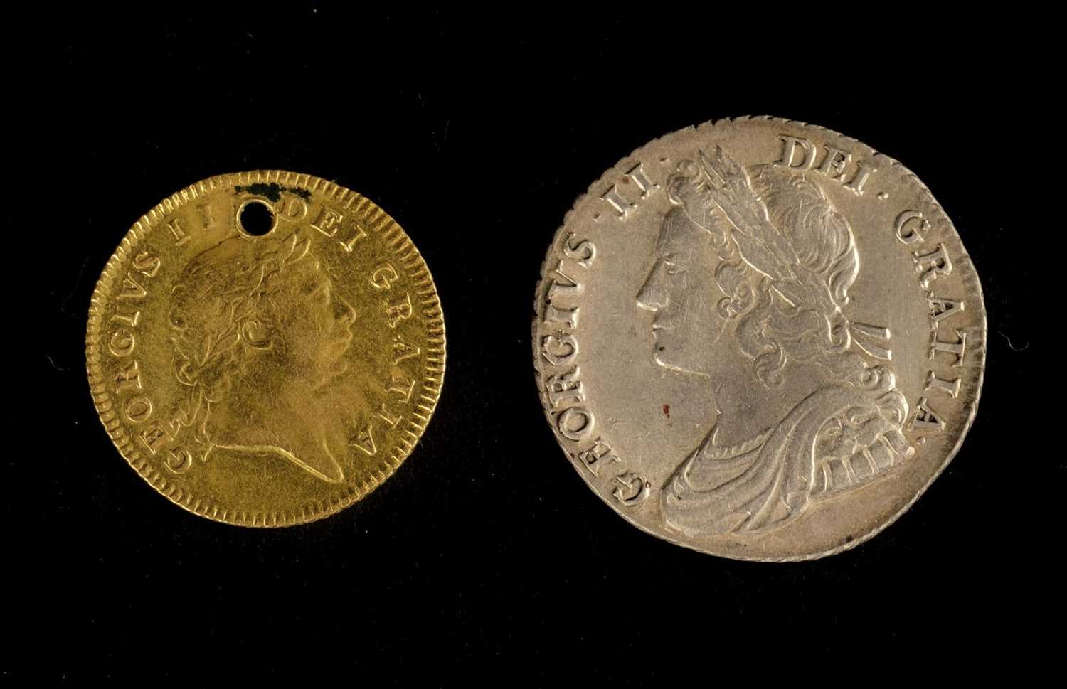 Lot 198 - Coins. A George III gold half guinea, 1804 plus George II shilling, 1734