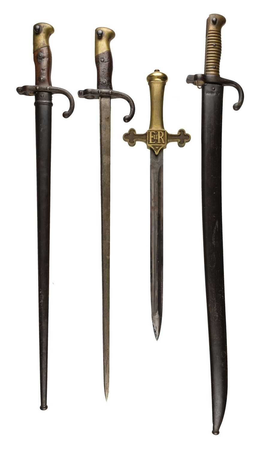 Lot 1 - Bayonets. A French chassepot bayonet plus two Gras and Drummer's sword