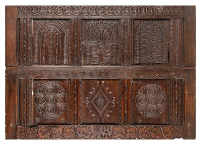 Lot 340 - Oak panel. A large 18th century carved oak panel dated 1700