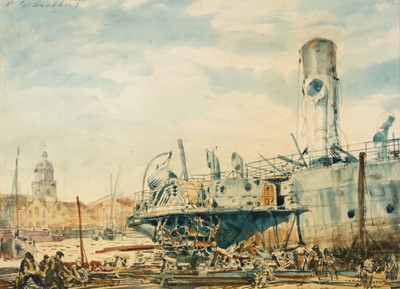 Lot 612 - Brabbins (Oliver Gilmore, 1912-1973). The Paddle Steamer Freshwater in Portsmouth Docks