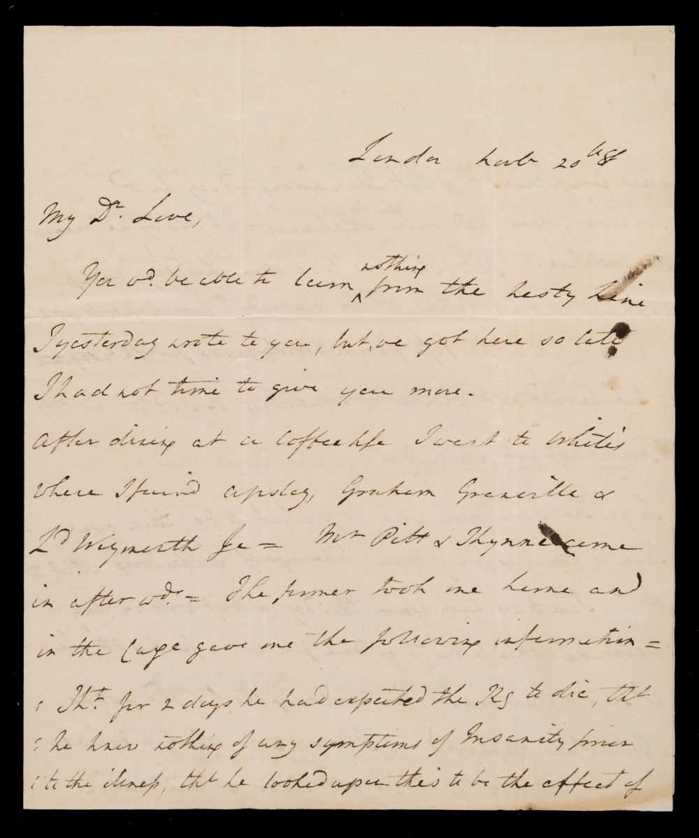 Lot 248 - Madness of King George III. Autograph letter initialled from John Blackburne MP