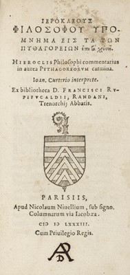 Lot 385 - Hierocles of Alexandria. In aurea Pythagoreorum carmina, 1583, & 2 others, 16th century