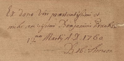 Lot 382 - Halley (Edmond). Menelai Sphaericorum, 1758, given by Benjamin Franklin to Robert Simson