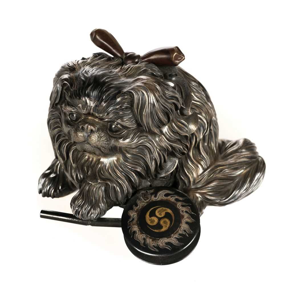 Lot 62 - Okimono. A silver and bronze Japanese Chin, Meiji period (1868-1912)