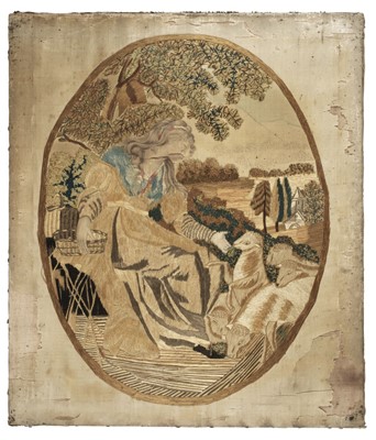 Lot 89 - Embroidered picture. English oval needlework of a lady in a pastoral landscape, circa 1790s