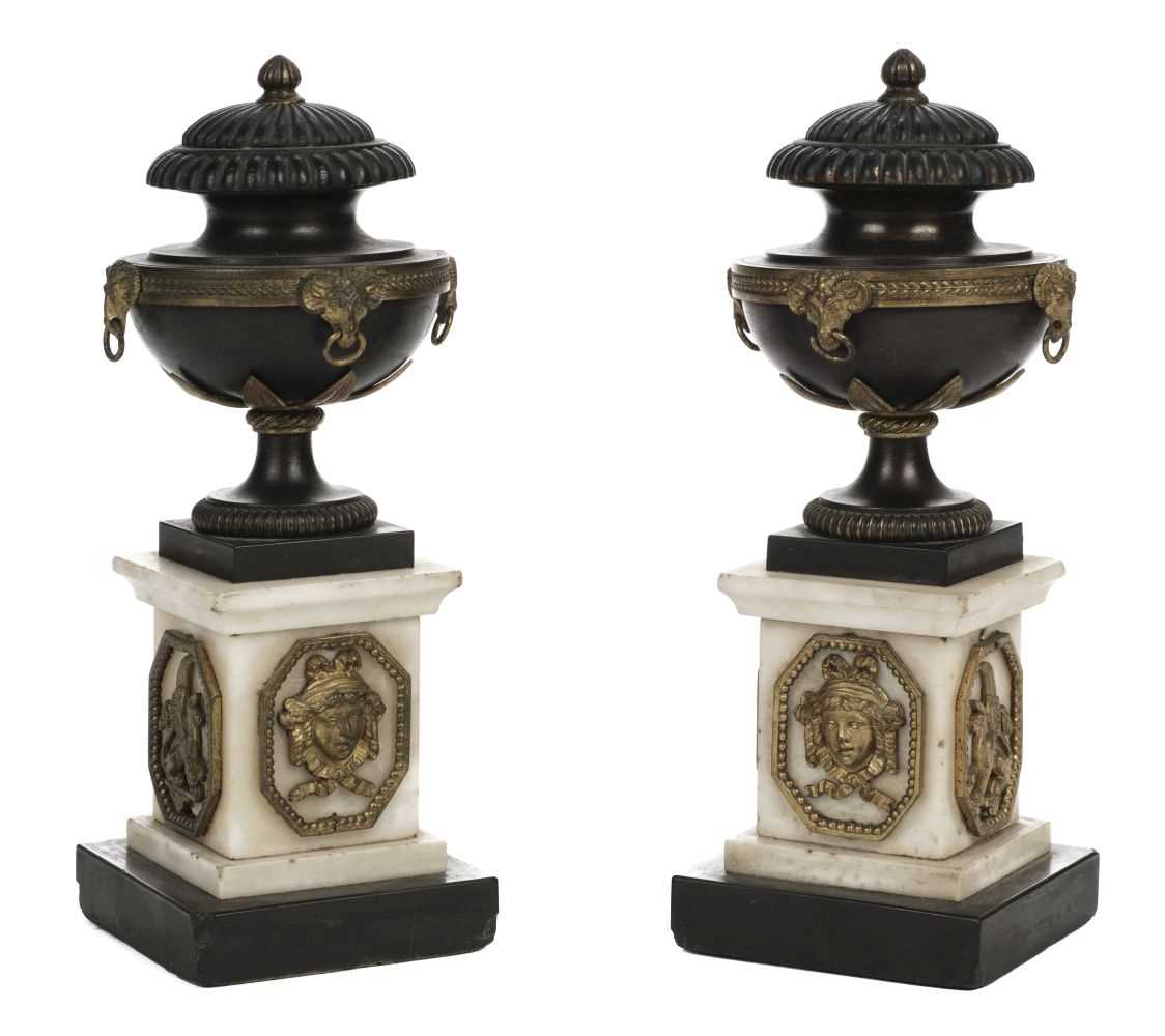 Lot 11 - Candle Vases. A pair of Regency bronze and marble urns