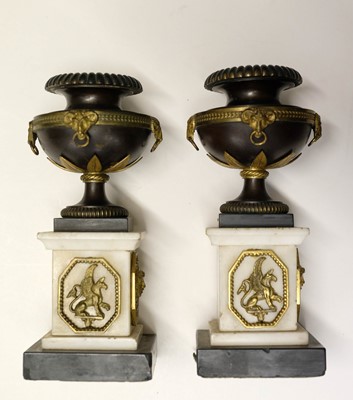 Lot 11 - Candle Vases. A pair of Regency bronze and marble urns