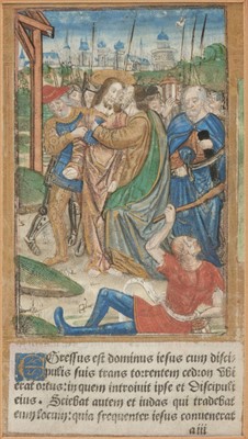 Lot 230 - Illuminated printed leaf. The capture of Jesus & kiss of Judas, Paris? circa 1510