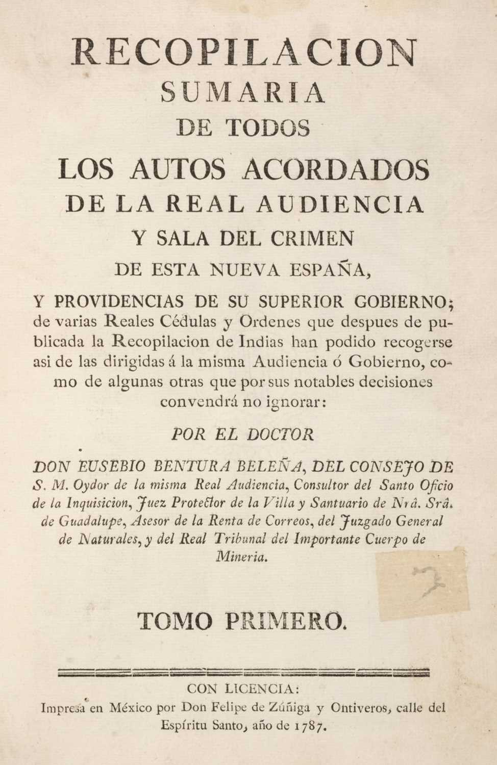 Lot 75 - Bentura Beleña (Eusebio). Recopilacion Sumaria de todos los Autos Acordados, 1787