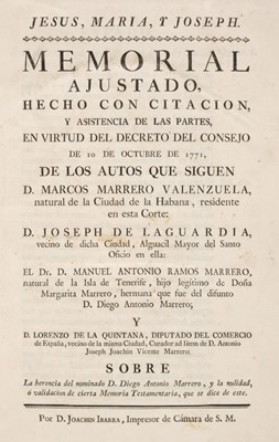 Lot 481 - Memorial Ajustado. Sobre la Herencia del nominado D. Diego Antonio Marrero, Madrid, 1775