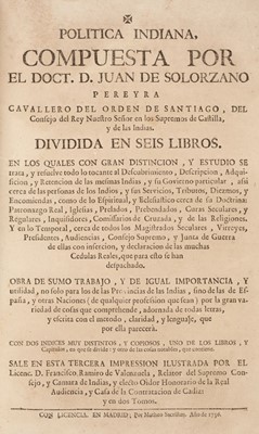 Lot 467 - Solorzano Pereyra (Juan de). Politica Indiana…, 2 volumes, Madrid, 1736-39