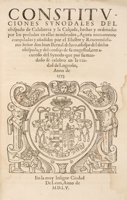 Lot 458 - Bernal de Luco (Juan). Constituciones Synodales… de Calahorra y la Calçada…, Lyon, 1555