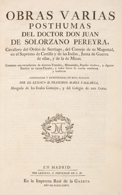 Lot 484 - Solorzano Pereira (Juan de). Obras Varias Posthumas, Madrid, 1776