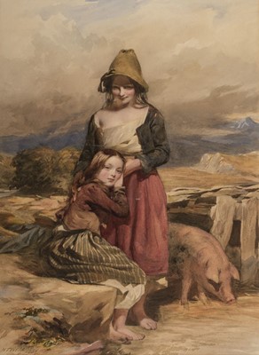 Lot 494 - Wells (Henry Tanworth, 1828-1903). Landscape with two girls and a pig, 1851