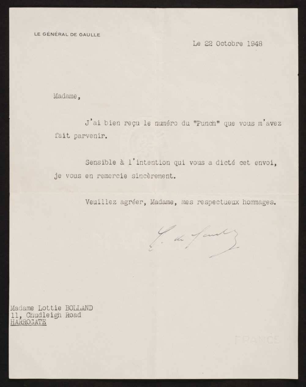 Lot 314 - De Gaulle (Charles, 1890-1970). Typed letter