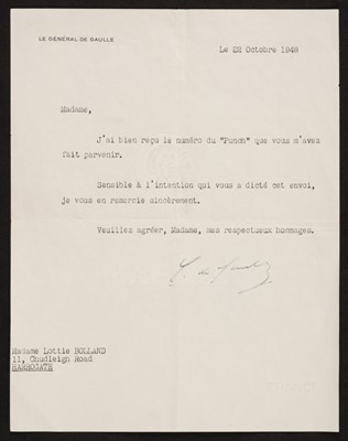 Lot 314 - De Gaulle (Charles, 1890-1970). Typed letter signed, 'C. de Gaulle', 22 October 1948