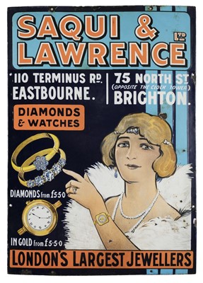 Lot 265 - Advertising. A Saqui & Lawrence Jewellers advertising enamel sign c.1920