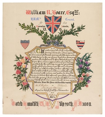 Lot 301 - Hawaii. Illuminated testimonial for William R[oberts] Hoare, dated at Honolulu, 20 July, 1905