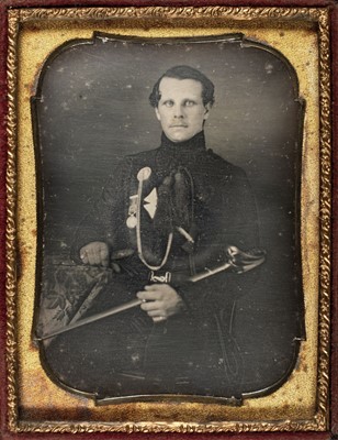 Lot 158 - Quarter-plate daguerreotype of a British officer, possibly Rifle Brigade, late 1840s