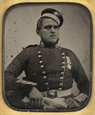 Lot 166 - Quarter-plate ambrotype of a British solder, probably Coldstream Guards, c.1860