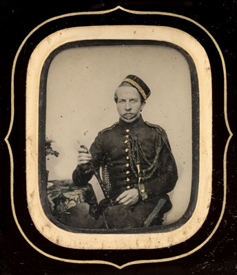 Lot 169 - Sixth-plate ambrotype of a Regimental musician holding a recorder, c.1860