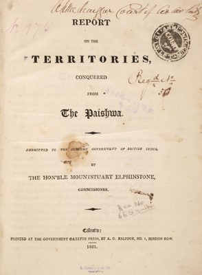 Lot 6 - Elphinstone (M.). Territories conquered from the Paishwa, 1st edition, Calcutta, 1821