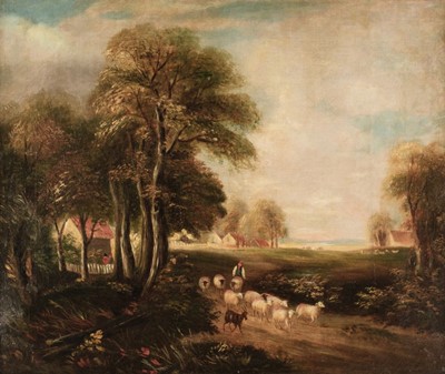 Lot 427 - English School. Landscape with shepherd and livestock, mid-late 19th century