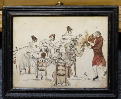 Lot 481 - Naive School. A pair of Regency drawings of domestic scenes, circa 1810