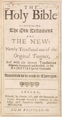 Lot 337 - Bible [English]. The Holy Bible containing the Old Testament and the New, 1697