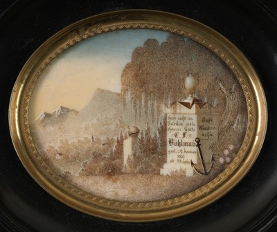 Lot 411 - Memorial miniature. Oval miniature painting commemorating C.F. Buhlman, 1857