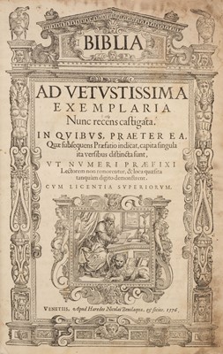 Lot 338 - Bible [Latin]. Biblia ad Vetustissima Exemplaria Nunc recens castigata, Venice, 1576